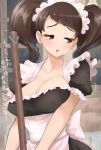  1girl absurdres blush broom brown_eyes collarbone commentary_request covered_nipples highres huge_filesize kawakami_sadayo kurosususu long_hair maid maid_dress maid_headdress open_mouth persona persona_5 short_sleeves solo translation_request twintails upper_body 