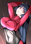  blue_hair bodysuit breasts highres large_breasts natsume_(pokemon) open_mouth pokemon red_eyes skin_tight sumida_kichi 