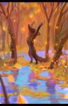  ambiguous_gender anthro autumn black_nose canid canine daria_arbuz detailed_background digital_media_(artwork) eyes_closed forest fox hi_res leaf letterbox mammal outside pawpads paws raised_arm signature smile solo standing tree whiskers 