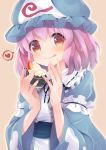  1girl beige_background blue_dress cupcake dress food hat heart mob_cap pink_hair red_eyes saigyouji_yuyuko sen1986 simple_background solo spoken_heart tongue tongue_out touhou triangular_headpiece upper_body 