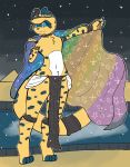  anthro blue_eyes cape clothing cremacat crown dessert digital_drawing_(artwork) digital_media_(artwork) felid flat_colors food fur girly hi_res jaguar jewelry loincloth male mammal pantherine rainbow_flag rainbow_symbol solo spots spotted_body spotted_fur standing yellow_body yellow_fur 