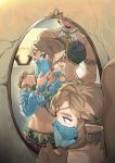  1boy 1girl blonde_hair bridal_gauntlets crossdressing detached_sleeves earrings gerudo gerudo_link gyou_chin hands_on_another&#039;s_shoulders head_out_of_frame jewelry link midriff mirror pointy_ears reflection stomach the_legend_of_zelda the_legend_of_zelda:_breath_of_the_wild upper_body veil 