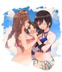  3girls :d :o back bare_shoulders bikini black_hair blue_bikini blue_eyes blue_sky braid breasts brown_eyes brown_hair cleavage closed_eyes cloud commentary_request cowboy_shot earrings eyewear_on_head flower hair_between_eyes hair_flower hair_ornament hanetsuka highres hoop_earrings idolmaster idolmaster_shiny_colors jewelry large_breasts long_hair looking_at_another low_tied_hair low_twin_braids mitsumine_yuika multiple_girls navel open_mouth pink_swimsuit sarong shirase_sakuya sky smile stomach sweatdrop swimsuit tsukioka_kogane 