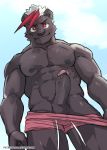  abs black_body black_fur clothing erection facial_piercing felid fur genitals hair hi_res kumak71395 lip_piercing lip_ring looking_at_viewer male mammal muscular muscular_male nipples pantherine pants_pull pecs penis piercing red_eyes red_hair smile solo swimwear white_hair 