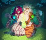  anklet anthro armor big_breasts bracelet breast_squish breasts buxbi buxbi_(character) colored colored_fire duo felid female female/female fire forest grass jewelry kneeling leaf looking_at_viewer mammal nude pantherine smile squish tiger tree wide_hips 