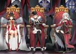  3girls absurdres animal_ear_fluff animal_ears azur_lane bismarck_(azur_lane) black_legwear blonde_hair blue_eyes cape character_request dress fox_ears fur-trimmed_cape fur_trim hat highres hime_cut iron_cross long_hair military military_hat military_uniform multicolored_hair multiple_girls nagato_(azur_lane) peaked_cap silver_hair sleeve_cuffs sleeveless sleeveless_dress sola_(sola04) streaked_hair thighhighs uniform white_sleeves 