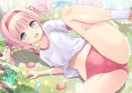  1girl :d bangs bean_bag blonde_hair blush breasts buruma christine_ketoura collarbone eyebrows_visible_through_hair forest green_eyes gym_shirt gym_uniform hair_ribbon hairband iris_mysteria! leg_up lying nature navel on_side open_mouth outdoors panties_under_buruma pink_ribbon red_buruma red_hairband ribbon shirt short_sleeves short_twintails small_breasts smile socks solo spread_legs tenjou_ryuka twintails white_legwear white_shirt 