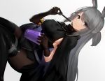  animal_ears arknights boots breasts bunny_ears cape drink edward_montenegro elbow_gloves gloves gray_eyes gray_hair long_hair pantyhose savage_(arknights) sideboob skirt thighhighs zettai_ryouiki 