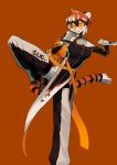  absurd_res anthro arknights black_body black_fur black_hair clothing eyewear felid female fur glasses hair hi_res holding_object holding_weapon knife mammal multicolored_body multicolored_fur multicolored_hair on_one_leg orange_body orange_fur orange_hair pantherine short_hair simple_background solo standing striped_body striped_fur stripes tiger video_games waaifu weapon white_body white_fur white_hair 