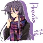  1girl alternate_costume black_shirt casual character_name commentary_request dated eyebrows_visible_through_hair hair_between_eyes highres long_hair long_sleeves lyrical_nanoha mahou_shoujo_lyrical_nanoha precia_testarossa purple_eyes purple_hair san-pon scarf shirt solo sweatdrop twitter_username upper_body white_background 