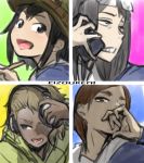  4girls 4panels :d adjusting_headphones asakusa_midori asymmetrical_bangs bangs black_eyes black_hair blonde_hair blue_background blue_eyes blue_shirt bob_cut brown_eyes brown_hair bucket_hat camouflage_headwear cellphone commentary copyright_name dark_skin doumeki_parker eizouken_ni_wa_te_wo_dasu_na! eyewear_on_head from_below from_side frown furrowed_eyebrows glasses green_background green_headwear green_hoodie hand_on_own_face hand_to_own_mouth hands_on_headphones hat headphones henriiku_(ahemaru) holding holding_pencil holding_phone hood hoodie kanamori_sayaka light_blush long_hair looking_afar looking_at_viewer looking_away looking_back looking_down mizusaki_tsubame multiple_girls open_mouth pencil phone pink_background portrait school_uniform semi-rimless_eyewear serafuku serious shirt short_hair smartphone smile talking_on_phone teeth yellow_background 