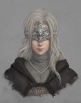  1girl black_capelet capelet closed_mouth commentary_request covered_eyes cropped_torso dark_souls_iii dress facing_viewer fire_keeper grey_background grey_dress grey_hair highres hood hood_down hooded_capelet jewelry long_hair miura-n315 pendant simple_background solo souls_(from_software) upper_body 