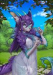  2020 anthro avian bird blue_eyes breasts canid canine chest_tuft claws clothed clothing crotch_tuft day deerstail dress ear_piercing female feral flower fur grass hair hi_res horn inner_ear_fluff leaf long_hair looking_down mammal multicolored_body multicolored_fur outside perched piercing plant purple_hair sky smile solo standing striped_body striped_fur stripes text translucent translucent_clothing tree tuft url 
