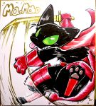  2020 3_toes 4_fingers absurd_res action_pose anthro black_body black_fur cape cartoon_network clothing digitigrade domestic_cat english_text felid feline felis fingers fur gloves green_eyes grin handwear hi_res katana male mammal mao_mao:_heroes_of_pure_heart melee_weapon mizu_(pixiv) motion_lines pawpads paws pose sheriff_mao_mao_mao simple_background smile solo sword teeth text toes tongue tongue_out traditional_media_(artwork) weapon white_background 