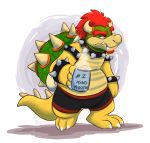  2019 beard bowser claws clothing cup eyebrows facial_hair green_body hair half-closed_eyes hi_res holding_object horn koopa male mario_bros narrowed_eyes nintendo orlandofox red_eyes red_hair reptile scalie shell signature simple_background solo spikes teeth underwear video_games white_background yellow_body 