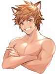  1boy animal_ears brown_hair cropped_torso crossed_arms gran_(granblue_fantasy) granblue_fantasy highres looking_at_viewer lumberjack_(granblue_fantasy) male_focus smile solo 