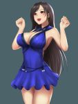  1girl :d black_hair blue_background blue_dress blush breasts cleavage crescent crescent_earrings crescent_moon dress earrings eyebrows_visible_through_hair final_fantasy final_fantasy_vii final_fantasy_vii_remake highres jewelry large_breasts long_hair looking_at_viewer moon nyatokanyaru open_mouth red_eyes sideboob simple_background smile solo tifa_lockhart 