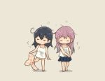  2girls ahoge akebono_(kantai_collection) beige_background black_hair blue_skirt camisole chibi closed_eyes full_body kantai_collection long_hair messy_hair multiple_girls otoufu panties pleated_skirt purple_hair simple_background skirt sleepy standing underwear undressing ushio_(kantai_collection) white_camisole white_panties 