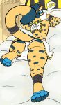  anklet anthro bed blue_eyes bracelet bulge butt clothing cremacat crown digital_drawing_(artwork) digital_media_(artwork) egyptian_clothing felid flat_colors fur furniture girly hi_res jaguar jewelry loincloth looking_back lying male mammal mask pantherine paws raised_tail solo spots spotted_body spotted_fur yellow_body yellow_fur 