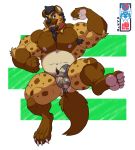  anthro belly biceps big_muscles bulge camo clothing collar eltravis hair hi_res huge_muscles hyaenid male mammal musclegut muscular nipples paws pecs smile solo teeth thong underwear 