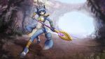  2019 action_pose anthro blue_body blue_fur bra canid canine clothed clothing detailed_background female fox fur green_eyes holding_object holding_weapon jewelry kitsunartbr krystal loincloth mammal midriff navel necklace nintendo outside plant pose signature skimpy solo staff star_fox underwear video_games weapon white_body white_fur 