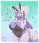  2020 absurd_res antennae_(anatomy) anthro belly big_breasts blue_eyes blush breasts bunny_costume cleavage clothed clothing costume curled_tail dialogue dragon embarrassed english_text eyelashes fake_ears fake_rabbit_ears fan_character female fishnet_leg gellie_(snackbunnii) goodra hair hand_on_breast hi_res huge_breasts long_hair looking_away navel nintendo open_mouth pok&eacute;mon pok&eacute;mon_(species) portrait purple_body purple_hair slightly_chubby slime snackbunnii solo spots spotted_body standing text thick_tail thick_thighs three-quarter_portrait tongue video_games wide_hips 