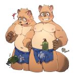  2020 animal_crossing anthro apron belly blue_eyes blush brown_body brown_fur bulge canid canine clothing duo erection erection_under_clothing fur genital_outline hi_res humanoid_hands m_ikky male mammal moobs navel nintendo nipples penis_outline raccoon_dog shampoo_challenge simple_background slightly_chubby tanuki timmy_nook tommy_nook video_games white_background 