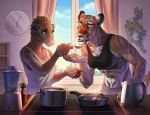  5_fingers anthro clothed clothing cooking detailed_background digital_media_(artwork) duo felid female fingers kahito-slydeft kitchen looking_at_another mammal open_mouth pangolin pantherine smile standing teeth tiger window 