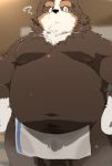  2020 ? anthro balls_outline belly black_nose brown_body brown_fur bulge canid canine canis domestic_dog fur genital_outline hi_res humanoid_hands kemono kisukemk777 male mammal moobs nipples overweight overweight_male penis_outline solo towel white_body white_fur 
