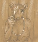  2014 anthro big_breasts bovid bovine breasts cadmiumtea cattle female front_view gem graphite_(artwork) green_eyes hair hair_over_eye half-length_portrait jewelry looking_at_viewer mammal monochrome necklace nude one_eye_obstructed pasties pearl_(gem) pearl_necklace pencil_(artwork) portrait sepia solo spot_color traditional_media_(artwork) 