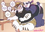  alp_(tas) anthro belly blush braided_hair clothing duo english_text eyewear felid fur giant_panda glasses hair hi_res licho_(tas) male male/male mammal mangolynx overweight overweight_male pantherine pawpads sitting text tiger tokyo_afterschool_summoners underwear ursid video_games white_body white_fur writing_(disambiguation) 