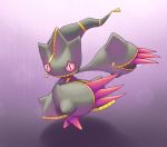  banette commentary creature crossed_legs english_commentary full_body gen_3_pokemon mega_banette mega_pokemon no_humans pink_eyes pokemon pokemon_(creature) purple_background ruine_maniac_(artist) shadow simple_background solo standing 