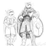  1:1 annoyed anthro antlers axe black_and_white bottomwear breasts cat_knight cervid clothed clothing deer_prince domestic_cat duo felid feline felis female fur hair headgear hi_res hladilnik horn larger_female looking_at_another male mammal medieval melee_weapon monochrome royalty scar shield simple_background size_difference sketch smile topwear weapon whiskers white_background 