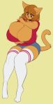  anthro areola areola_slip big_breasts bottomwear breasts buxbi cleavage cleavage_overflow clothed clothing collar collar_ring domestic_cat felid feline felis female frustrated high_socks huge_breasts jeans legwear mammal pants shirt solo stockings tank_top topwear 
