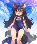  1girl animal_ear_fluff animal_ears black_hair blue_sky blush bow collar day dog_ears dog_tail fangs hair_between_eyes hair_bow kannagi_cocoa long_hair looking_at_viewer old_school_swimsuit one-piece_swimsuit open_mouth original outdoors red_eyes school_swimsuit sky solo swimsuit tail toba_hiyoko 