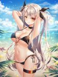  1girl :q armpits arms_behind_head arms_up azur_lane bangs bare_shoulders beach bikini black_bikini black_choker black_ribbon blush breasts choker cleavage collarbone commentary cowboy_shot day flag_print german_flag_bikini groin hair_ribbon highres large_breasts long_hair looking_at_viewer mellozzo mole mole_on_breast multicolored_hair navel orange_eyes outdoors prinz_eugen_(azur_lane) prinz_eugen_(unfading_smile)_(azur_lane) ribbon side-tie_bikini silver_hair slit_pupils smile solo standing streaked_hair swept_bangs swimsuit thigh_strap tongue tongue_out two_side_up very_long_hair 