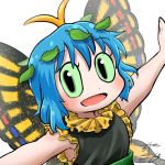  1girl antennae aqua_hair avatar_icon butterfly_wings chamaji commentary dress eternity_larva eyebrows_visible_through_hair fairy frilled_dress frills green_dress hair_ornament leaf leaf_hair_ornament leaf_on_head looking_at_viewer lowres multicolored multicolored_clothes outstretched_arms short_hair signature sleeveless smile solo touhou upper_body white_background wings yellow_frills 