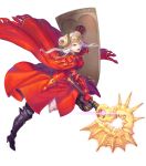  1girl armor armored_boots axe aymr_(weapon) boots cape double_bun edelgard_von_hresvelg fire_emblem fire_emblem:_three_houses fire_emblem_heroes full_body gloves haccan highres horns long_hair official_art open_mouth purple_eyes shield solo teeth transparent_background white_hair 