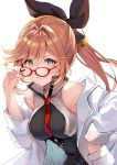  1girl aoi_(kirabosi105) breasts brown_hair clarisse_(granblue_fantasy) commentary_request cosplay doctor_(granblue_fantasy) dress granblue_fantasy green_eyes hair_ribbon highres labcoat long_hair necktie orange_hair ponytail red_neckwear ribbon smile solo 