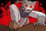  5_fingers angry anthro beastars bottomwear canid canine canis claws clothed clothing fingers footwear fully_clothed fur fur_tuft grey_body grey_ears grey_fur grey_tail hi_res humanoid_hands legoshi_(beastars) looking_at_viewer mammal pants solo teeth topwear trooper036 tuft wolf 