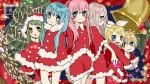  1boy 5girls :d :o aqua_eyes bangs bell blonde_hair blue_eyes blurry bokeh bright_pupils christmas christmas_tree closed_mouth commentary_request depth_of_field diamond-shaped_pupils fur-trimmed_hood fur-trimmed_skirt fur-trimmed_sleeves fur_trim green_eyes green_hair gumi hair_ribbon hairband hatsune_miku holly hood hood_up hug hug_from_behind ia_(vocaloid) kagamine_len kagamine_rin long_hair long_sleeves looking_at_viewer megurine_luka merry_christmas mittens multiple_girls open_mouth pink_hair red_hairband ribbon santa_costume sidelocks skirt smile sweatdrop symbol-shaped_pupils twintails uomiya_naname vocaloid white_pupils white_ribbon 