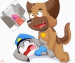  2019 absurd_res all_fours anthro bottomless brown_body bullet_(paradise_pd) canid canine canis circumcised clitoris clothed clothing clyndemoon collar crossover cutaway disney doggystyle domestic_dog drunk duo female forced from_behind_position genitals german_shepherd grey_body handcuffs hat headgear headwear herding_dog hi_res judy_hopps lagomorph leporid male male/female mammal netflix nude paradise_pd pastoral_dog penis pussy rabbit rape sex shackles substance_intoxication young zootopia 