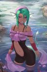  1girl artist_name bandana bare_shoulders breasts choker commentary_request dark_skin fish_girl green_hair grin head_fins in_water juri_(yuu_yuu_hakusho) large_breasts lipstick long_hair looking_at_viewer makeup navel outdoors purple_eyes skin_tight smile solo tail unsomnus yuu_yuu_hakusho 