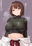  1girl black_shirt blush breasts brown_eyes brown_hair ebifurya eyebrows_visible_through_hair highres hyuuga_(kantai_collection) japanese_clothes kantai_collection large_breasts navel nontraditional_miko purple_background shirt short_hair simple_background skin_tight solo steam twitter_username undershirt upper_body 