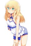  1girl alternate_costume artoria_pendragon_(all) bangs bare_arms bare_shoulders blonde_hair blue_ribbon blush breasts chata_maru_(irori_sabou) check_character collarbone commentary_request fate/grand_order fate_(series) frills green_eyes hand_on_own_chest highres long_hair medium_breasts ribbon saber_alter shirt short_shorts shorts simple_background solo thigh_strap white_background white_shirt white_shorts 