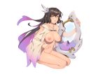  1girl bare_shoulders bigrbear black_hair blush bottomless breasts breasts_outside collarbone full_body glowing green_eyes hair_ornament harp holding holding_instrument instrument jewelry large_breasts long_hair long_sleeves looking_at_viewer multicolored_hair navel necklace nipples open_clothes original parted_lips purple_hair seiza shoulder_cutout simple_background sitting solo stomach two-tone_hair very_long_hair white_background wide_sleeves 