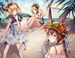  3girls :d amiya_(arknights) animal_ears aqua_eyes arknights arm_strap bangs bare_arms bare_shoulders beach bear_ears bikini blonde_hair blue_choker blue_ribbon blue_sailor_collar brown_hair bunny_ears candy_hair_ornament chinese_commentary choker commentary_request dress ears_through_headwear eyebrows_visible_through_hair feet_out_of_frame flower food_themed_hair_ornament from_behind goggles goggles_on_headwear gummy_(arknights) hair_between_eyes hair_ornament hairclip hand_up hat hat_flower hat_ribbon highres holding ifrit_(arknights) long_hair looking_at_viewer looking_back low_ponytail mini_hat multiple_girls ocean off-shoulder_shirt off_shoulder open_mouth orange_eyes ore_lesion_(arknights) parted_lips pink_shirt puffy_sleeves puruii red_flower ribbon sailor_collar sailor_dress sand_sculpture shirt short_dress short_hair sleeveless sleeveless_dress smile standing sun_hat swimsuit tail thighs twintails upper_body water white_bikini white_dress 