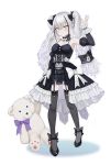  1girl blush breasts destroyer_(girls_frontline) detached_sleeves garter_straps girls_frontline gothic_lolita highlights lolita_fashion medium_breasts multicolored_hair nlitz solo stuffed_animal stuffed_toy teddy_bear twintails white_hair yellow_eyes 