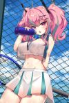  14c 1girl :o absurdres arm_behind_back azur_lane bangs bare_shoulders blue_sky blush bottle breasts bremerton_(azur_lane) bremerton_(scorching-hot_training)_(azur_lane) chain-link_fence cleavage cloud collared_shirt commentary_request covered_nipples cowboy_shot crop_top crop_top_overhang crossed_bangs day eyebrows_visible_through_hair fang fence green_skirt grey_hair groin hair_between_eyes hair_intakes hair_ornament hairclip hand_up highres holding holding_bottle holding_racket large_breasts long_hair looking_at_viewer midriff multicolored_hair navel pink_eyes pink_hair racket saliva saliva_trail see-through shirt sidelocks skin_fang skirt sky sleeveless sleeveless_shirt solo sportswear standing streaked_hair sweat tennis_racket tennis_uniform twintails two-tone_hair two-tone_shirt two-tone_skirt underboob water_bottle wet wet_clothes wet_shirt white_shirt white_skirt x_hair_ornament 