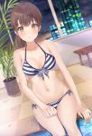  1girl absurdres bangs bench bikini blue_bikini blurry blurry_background blush breasts brown_eyes brown_hair cleavage collarbone commentary_request cowboy_shot dutch_angle eyebrows_visible_through_hair front-tie_bikini front-tie_top groin hand_on_own_thigh highres indoors katou_megumi long_hair looking_at_viewer medium_breasts midriff navel night parted_lips plant ponytail pool poolside potted_plant saenai_heroine_no_sodatekata side-tie_bikini sitting skyline solo striped striped_bikini swimsuit tile_floor tiles umineco_1 window 